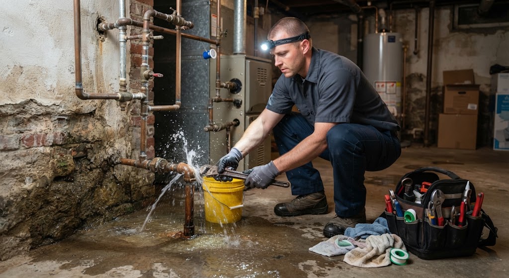 Emergency leak repair Galloway NJ technician assessing active pipe water breach