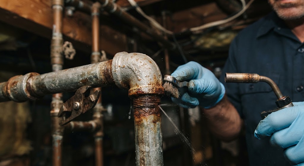 Pipe leak repair Galloway NJ technician inspecting copper plumbing pipes for corrosion and pinholes