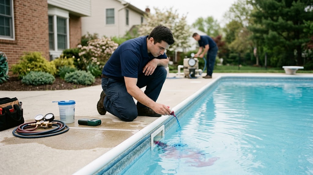 Pool leak detection Galloway NJ technician performing dye testing in an inground swimming pool