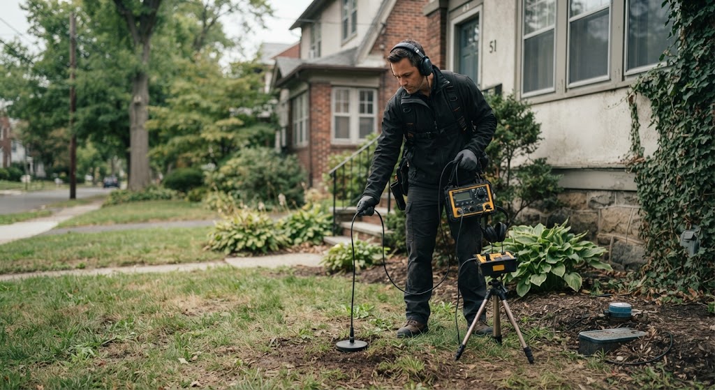 Technician conducting water line leak detection Galloway NJ on buried main supply line